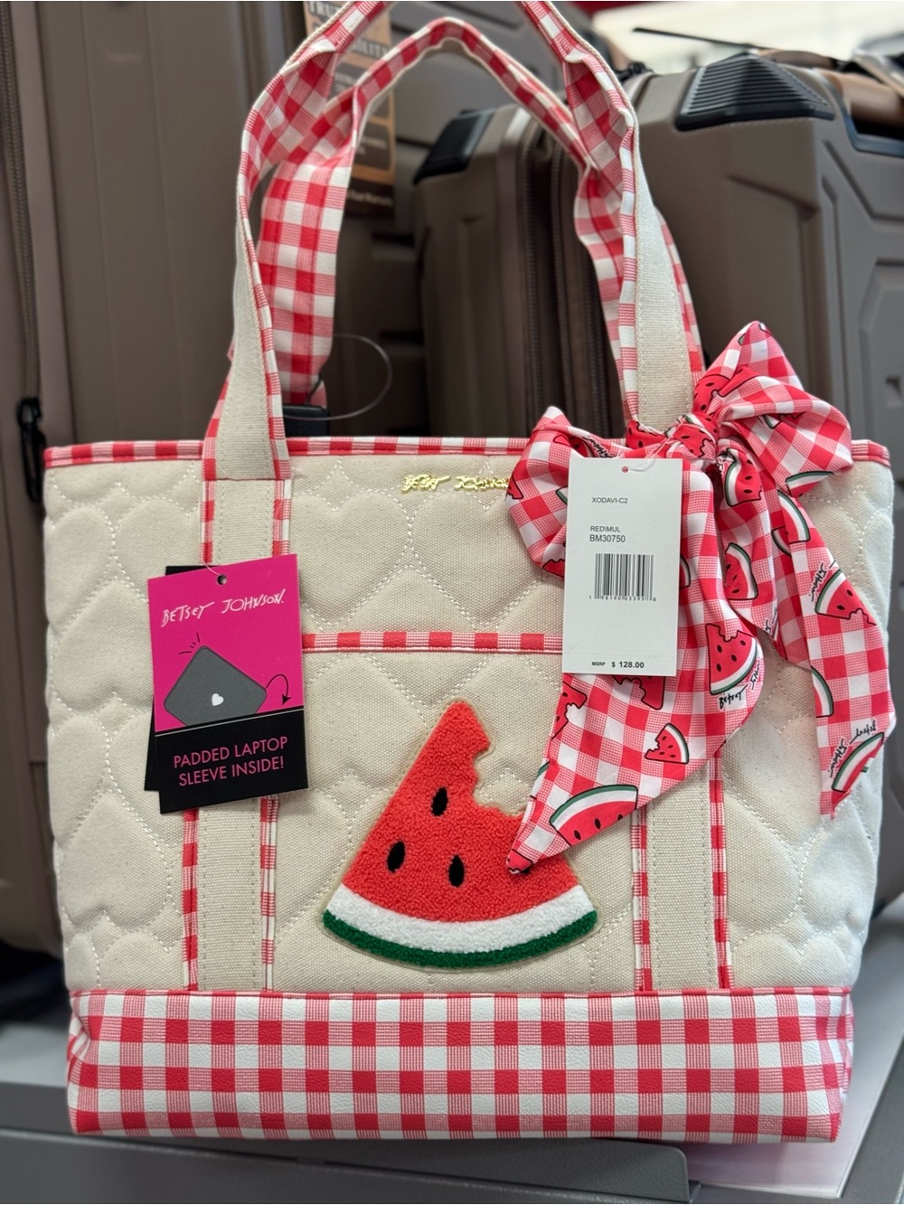 Betsey Johnson Cream and Red Watermelon Tote with Gingham Bow